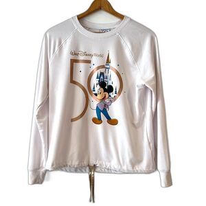 Disney World 50 White Sweatshirt Mickey Mouse Medium Drawstring Hem